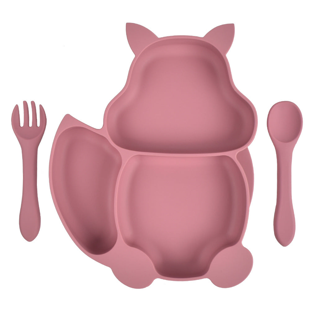 Squirrel Compartment Children's Tableware Silicone Complementary Food Bowl Baby Fork And Spoon Integrated Silicone Dinner Plate