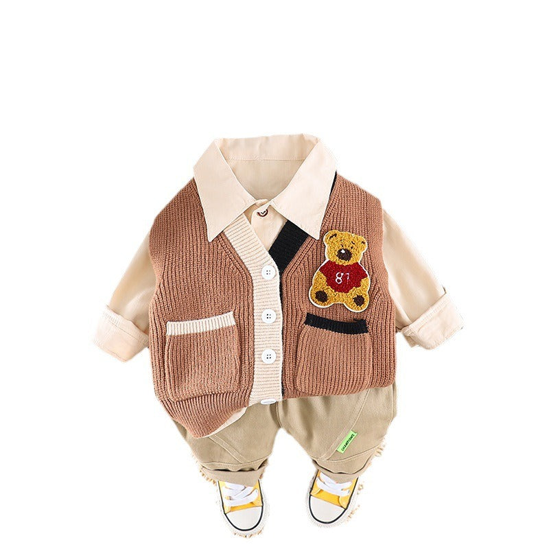 Boys woolen bear vest long-sleeved three-piece suit