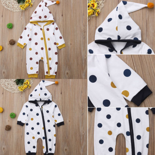 Autumn Winter Newborn Baby Infant Boy Girl Dot Long Sleeve Romper Hooded Jumpsuit Lovely Casual Zipper Outfits Clothes