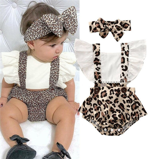 Leopard Print Sleeveless Baby Rompers Jumpsuit Headband