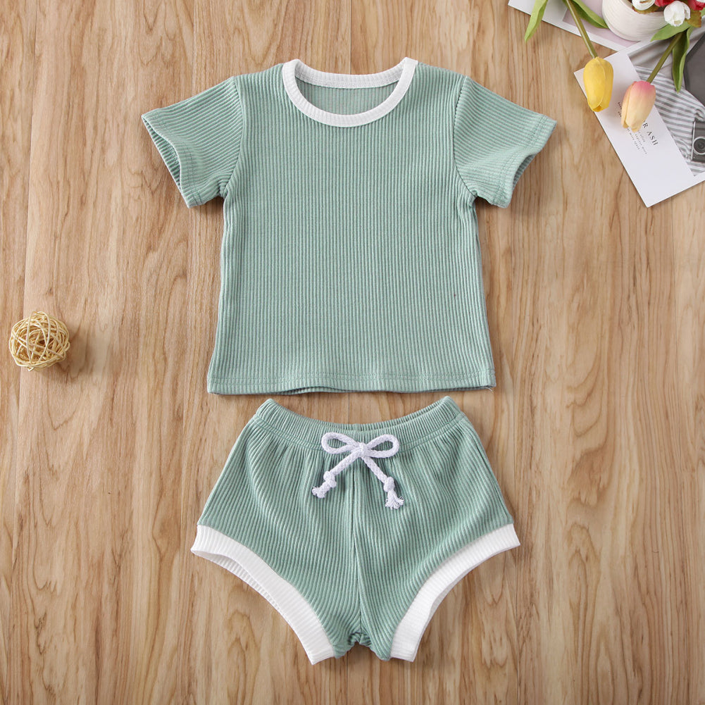 Baby Summer Clothing Infant Baby Girl Boy Clothes Short Sleeve Tops T-shirt+Shorts Pants Ribbed Solid Outfits 0-3T