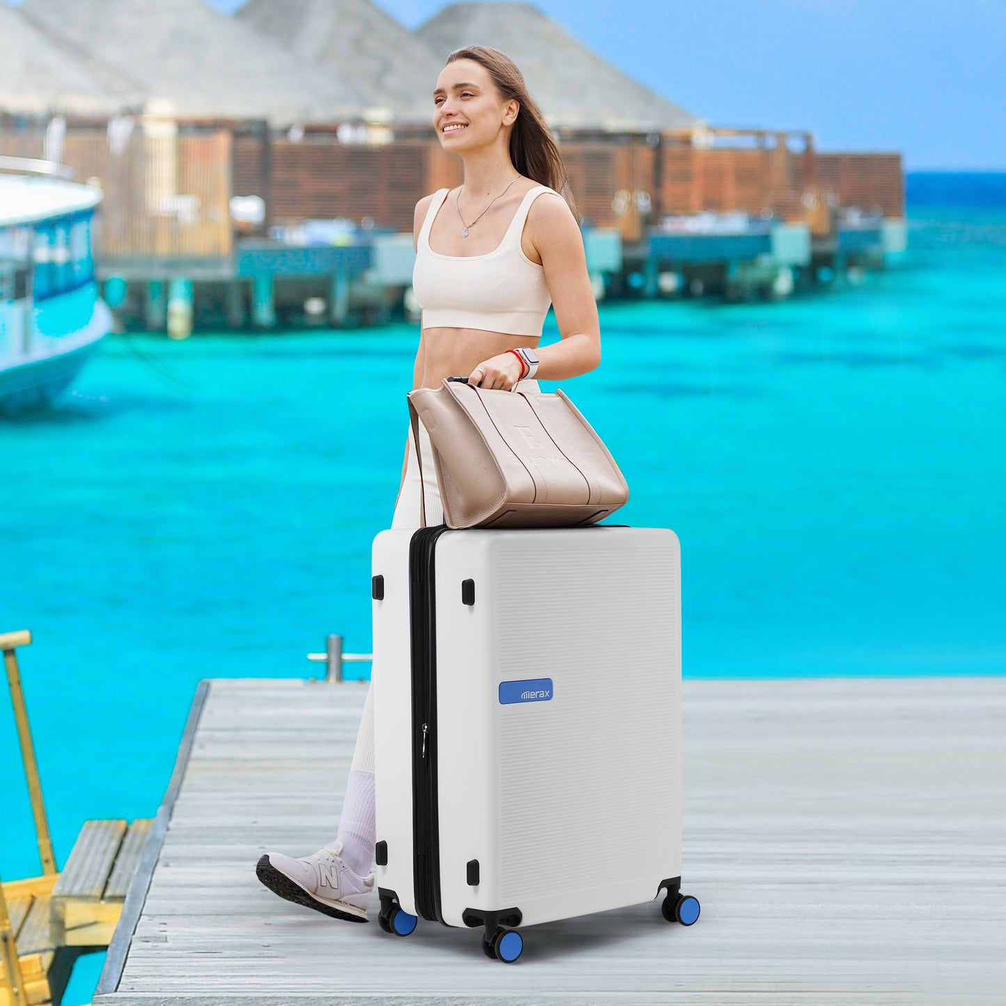 Contrast Color Hardshell Luggage 24inch Expandable Spinner Suitcase with TSA Lock Lightweight White+Blue + ABS