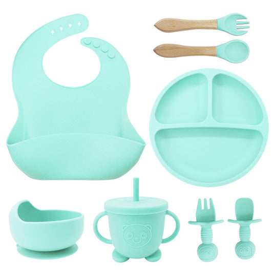 8PCS Baby silicone bibs, silicone dinner plates, eight-piece set, baby food training suction cup bowl, baby divided tableware set