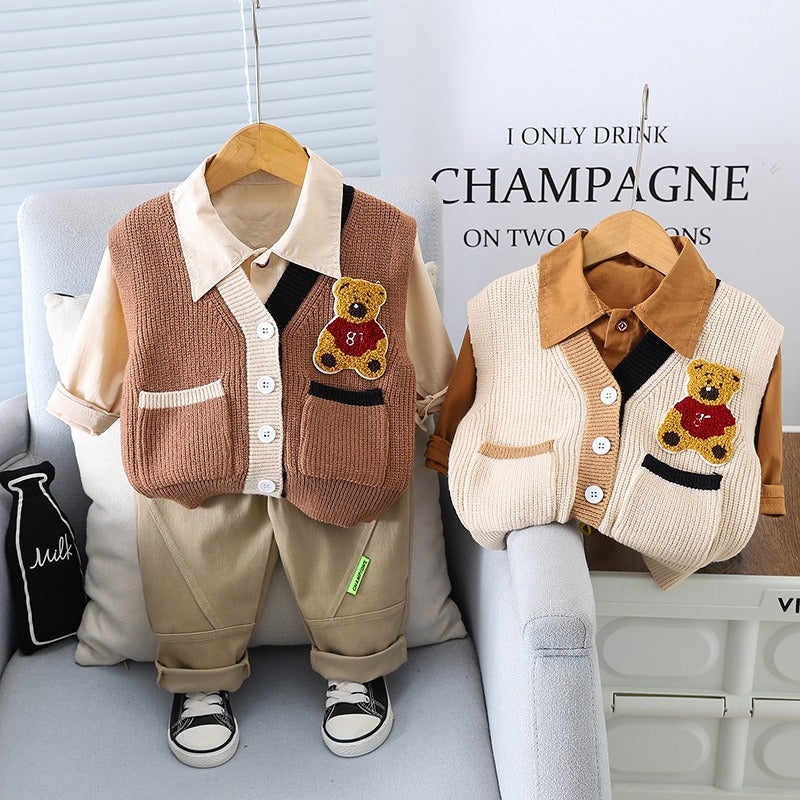 Boys woolen bear vest long-sleeved three-piece suit