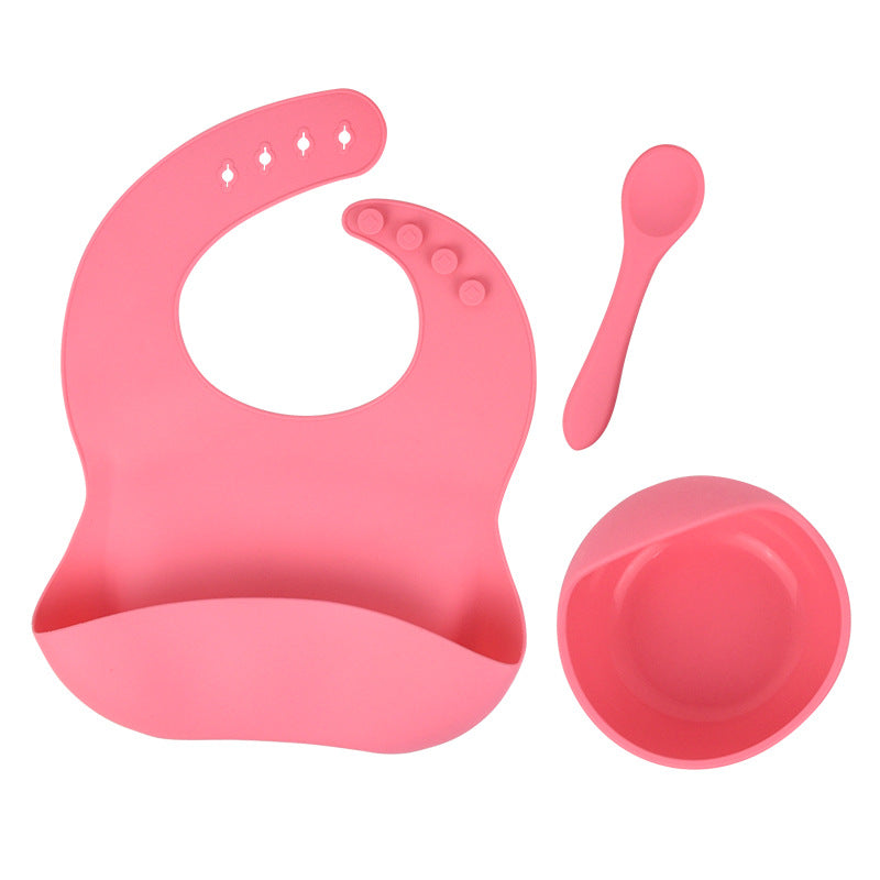 Silicone tableware set baby saliva pocket complementary food bowl children's silicone bib 3-piece set