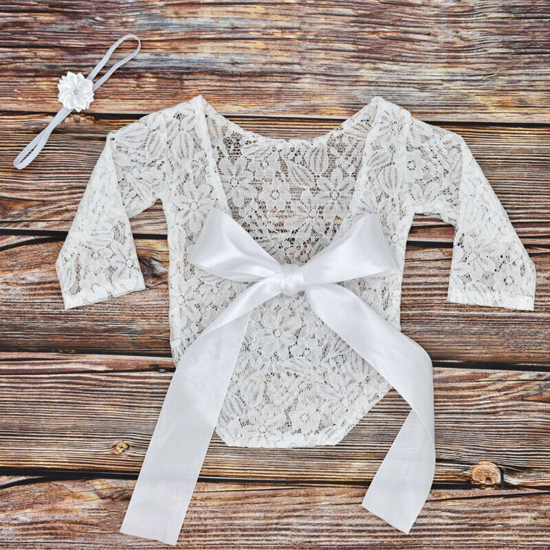 Newborn Baby Photography Props Clothes Bodysuits Cute Lovely Lace Bow Toddler Baby Photo Clothing+Hair Band 2Pcs Set Costumes