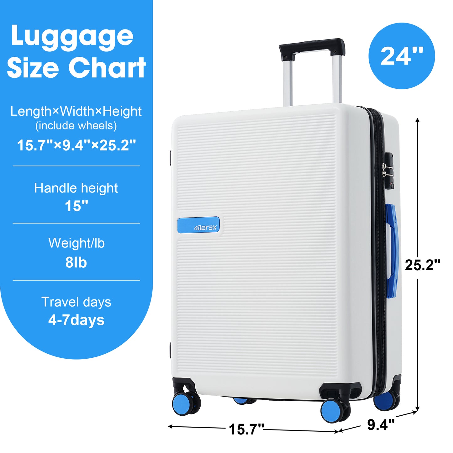 Contrast Color Hardshell Luggage 24inch Expandable Spinner Suitcase with TSA Lock Lightweight White+Blue + ABS