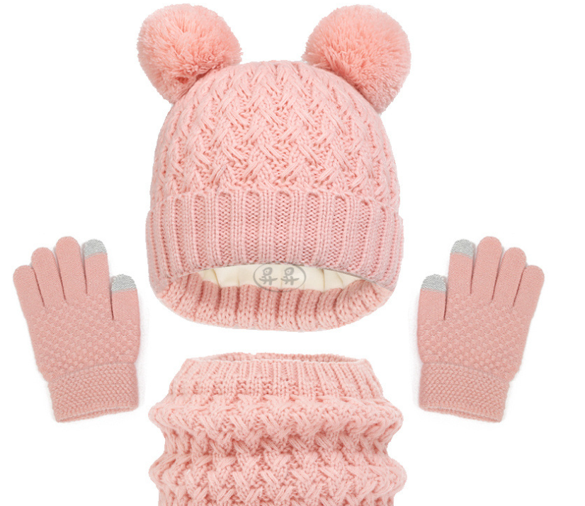 European and American children's hats, scarves, gloves, three piece set, autumn and winter plush and thickened double ball baby hats