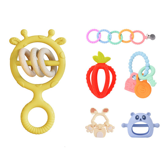 Baby Gloves Teething Rubber Silicone Baby Anti-Eating Hands Soothing Rattles Hand Ring Teething Stick Bite Toy