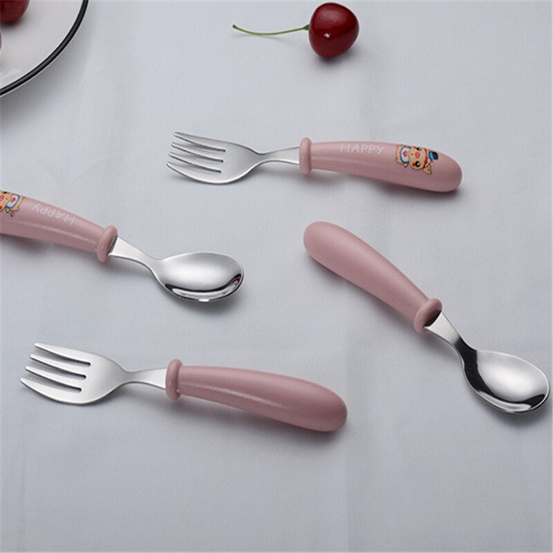 Baby Gadgets Tableware Set Children Utensil Stainless Steel Toddler Dinnerware Cutlery Cartoon Infant Food Feeding Spoon Fork