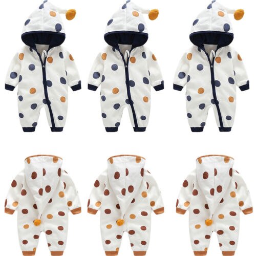 Autumn Winter Newborn Baby Infant Boy Girl Dot Long Sleeve Romper Hooded Jumpsuit Lovely Casual Zipper Outfits Clothes