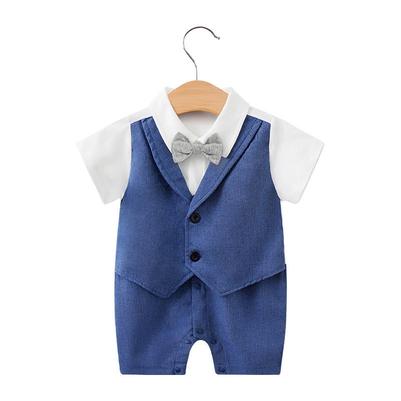 Newborn Baby Jumpsuit British Style Short Sleeved Male Baby Gentleman One Year Old Dress Baby Jumpsuit