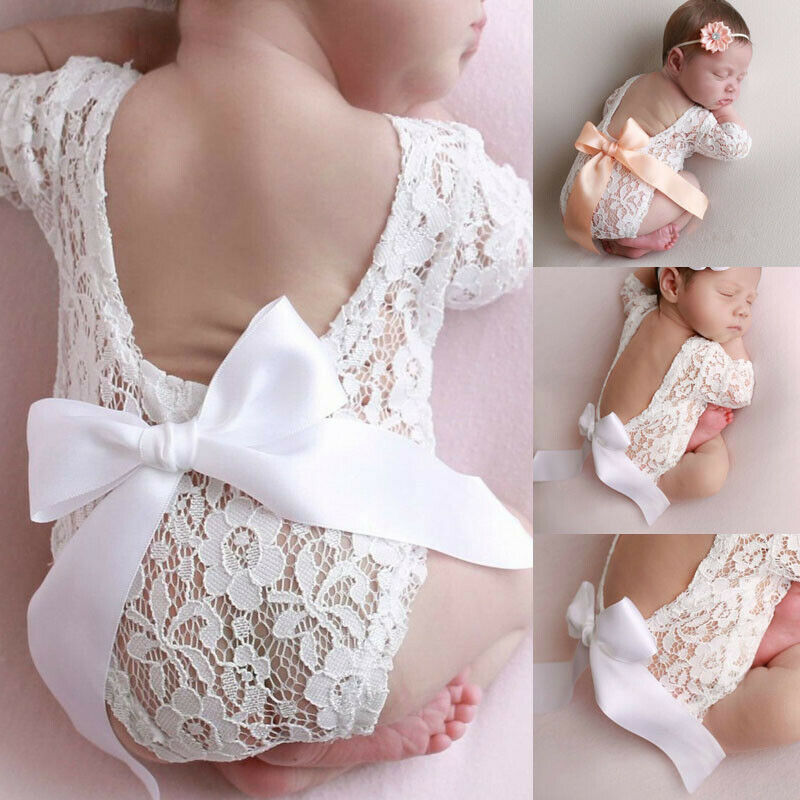 Newborn Baby Photography Props Clothes Bodysuits Cute Lovely Lace Bow Toddler Baby Photo Clothing+Hair Band 2Pcs Set Costumes