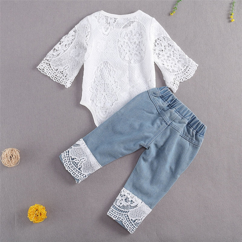 New Fashion 0-24M Baby Girls Fall Clothes Long Sleeve Lace Romper Suit Triangle Crotch Lace Top  Hole Long Jeans 2Pcs Outfit