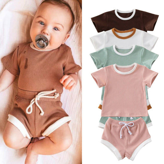 Baby Summer Clothing Infant Baby Girl Boy Clothes Short Sleeve Tops T-shirt+Shorts Pants Ribbed Solid Outfits 0-3T