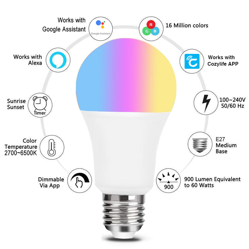 WiFi Smart Bulb Alexa Voice Control RGBCW Dimming Color A19 Bulb Graffiti Smart Life