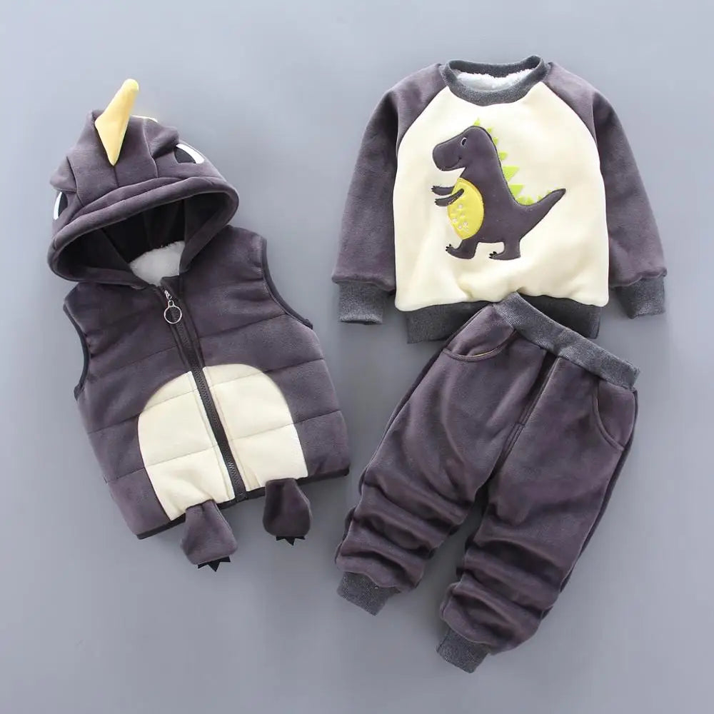 Bear cartoon printing plus velvet padded sweater hooded vest three-piece