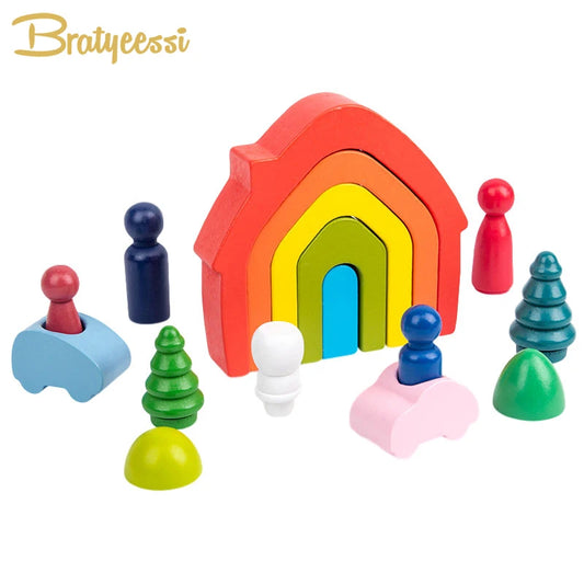 Rainbow Educational Wooden Toys Montessori Creative Building Blocks Wood Toys