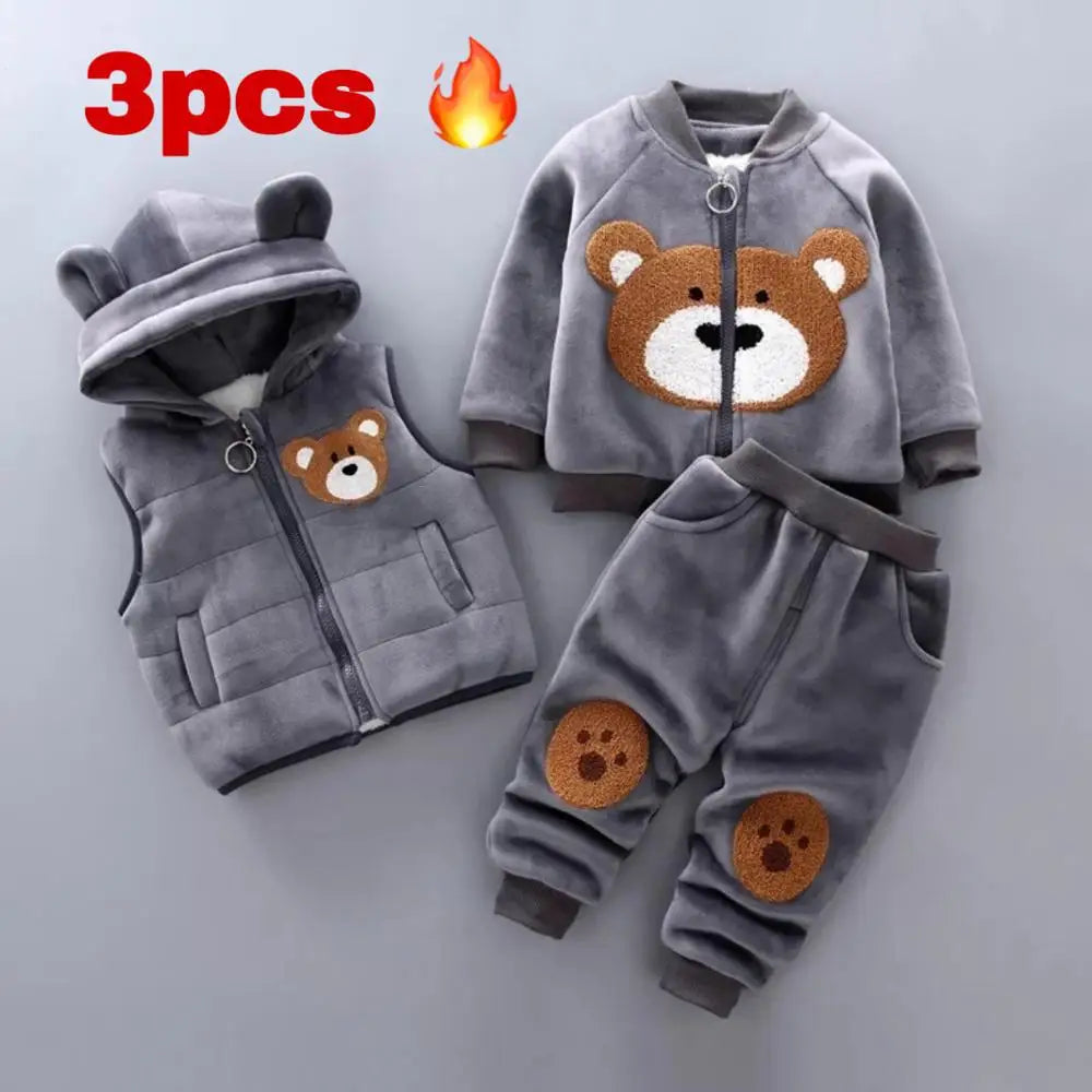 Bear cartoon printing plus velvet padded sweater hooded vest three-piece