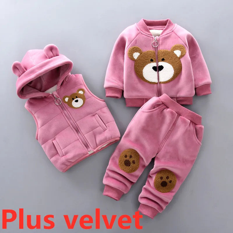 Bear cartoon printing plus velvet padded sweater hooded vest three-piece