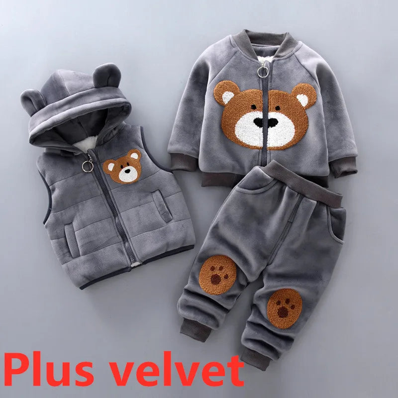 Bear cartoon printing plus velvet padded sweater hooded vest three-piece