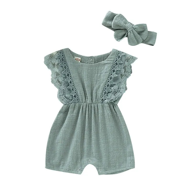 Baby Girl Rompers Flare Sleeve Solid Lace Design Jumpsuit with Headband One-Pieces
