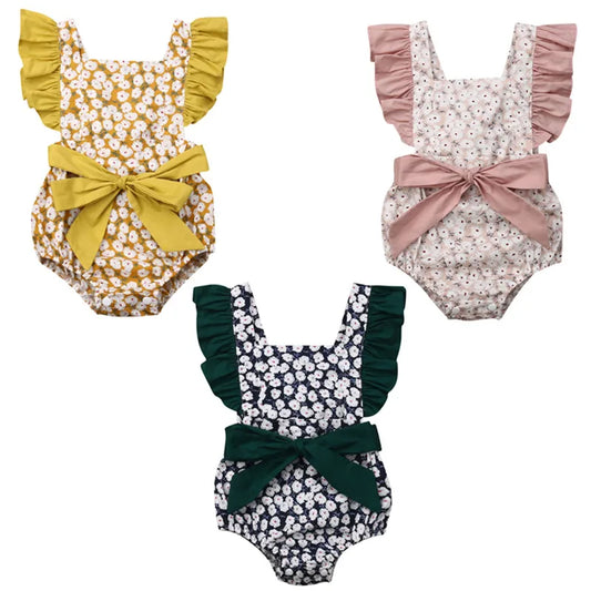 0-24M Infant Baby Girls Floral Bow Romper Jumpsuit