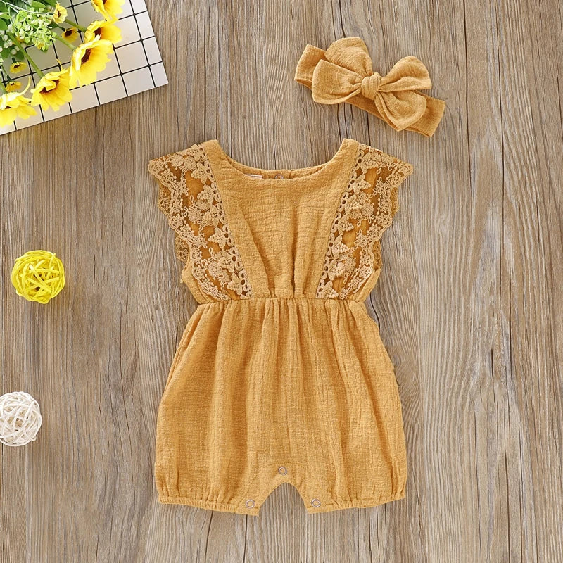 Baby Girl Rompers Flare Sleeve Solid Lace Design Jumpsuit with Headband One-Pieces