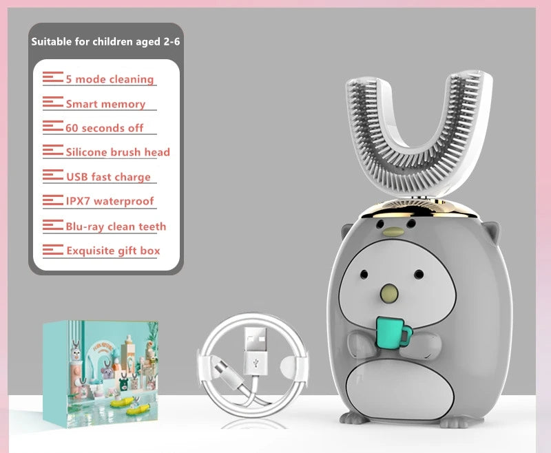 Smart U 360 Degrees Kids Sonic Electric Toothbrush Silicon USB Automatic Ultrasonic Teeth Tooth Brush Cartoon Pattern Children