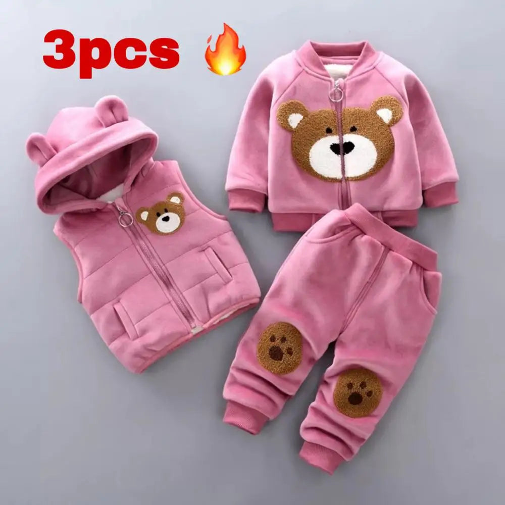 Bear cartoon printing plus velvet padded sweater hooded vest three-piece